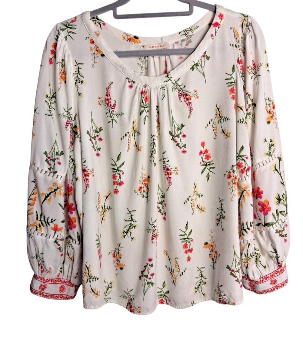 Skies Are Blue white Floral Peasant Blouse L Large Long Sleeve Boho Top Shabby